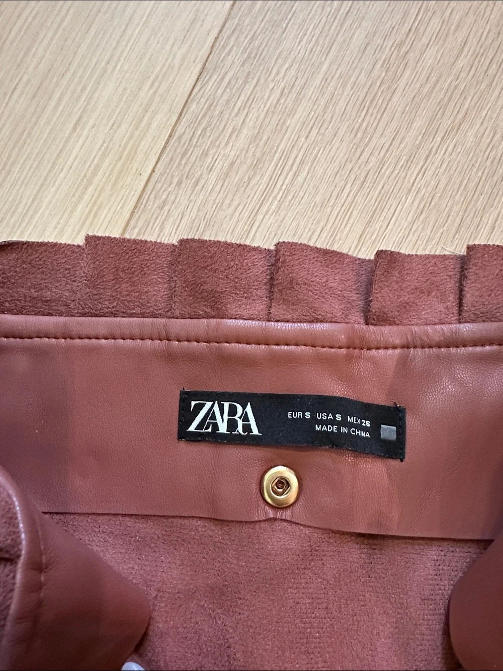 Zara Rust Faux Leather Pleated-Hem Skirt